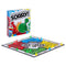 Sorry board game set arranged on a flat surface with colorful plastic pawns, glossy square game board, card deck, and branded box nearby, showing all included components for the classic competitive family board game experience.