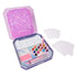 Inkfluencer Click N’ Blend watercolor kit laid out with two pink stylus pens, 15 colorful interchangeable tips, white palette, paintbrush, sponges, and blank art cards.