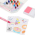 Inkfluencer Click N’ Blend art set in use with stylus pen creating rainbows, flowers, and food sketches on white cards, showcasing vibrant multicolor designs.