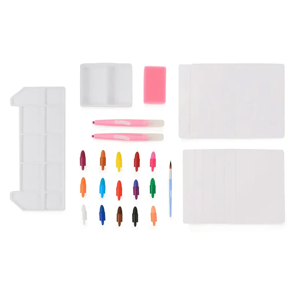 Complete contents of Inkfluencer Click N’ Blend watercolor kit shown neatly, including palette, stylus pens, 15 color tips, sponges, brush, and blank creative cards.