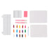 Complete contents of Inkfluencer Click N’ Blend watercolor kit shown neatly, including palette, stylus pens, 15 color tips, sponges, brush, and blank creative cards.