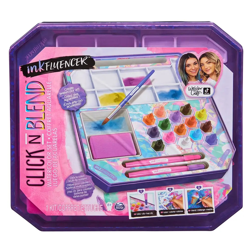 Front packaging of Spin Master Inkfluencer We Wear Cute Click N’ Blend watercolor set, featuring colorful tools, paint palette, and branding aimed at creative kids.