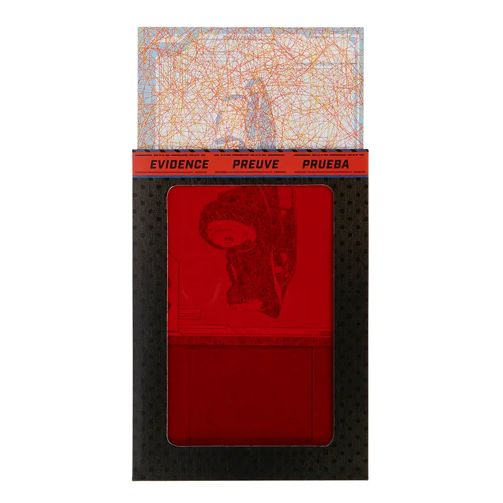 Red mystery card with coded markings and hidden Batman graphic, packaged inside evidence-themed black case with bold labels in English, French, and Spanish.