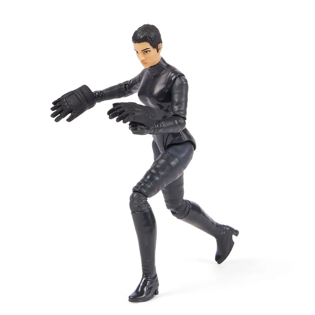 Poseable Selina Kyle action figure in black suit with short hair, positioned in dynamic running pose with oversized black gloves attached for dramatic effect.