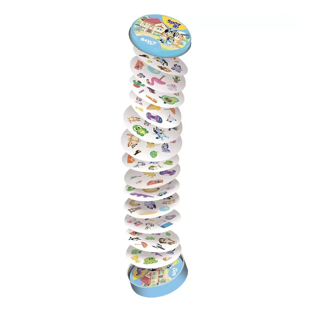 Spot It! Bluey card game features white round cards with colorful Bluey-themed characters and objects stacked vertically between a light blue metal storage tin lid and base on white.
