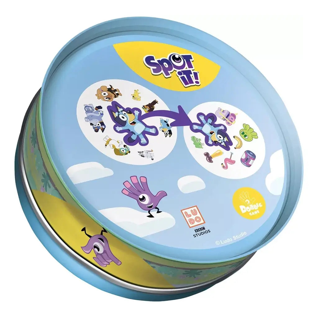 Spot It! Bluey game tin underside features light blue metal with two white symbol cards, a purple matching arrow, Bluey character icons, Spot It! logo, and cloud graphics.