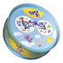 Spot It! Bluey game tin underside features light blue metal with two white symbol cards, a purple matching arrow, Bluey character icons, Spot It! logo, and cloud graphics.