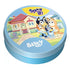 Spot It! Bluey storage tin features a light blue metal round case with Bluey family artwork outside their home, purple Spot It! logo, and white Bluey title on the lid.