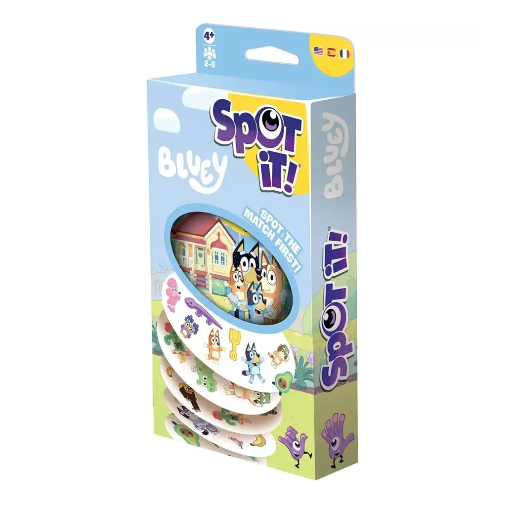 Spot It! Bluey card game package features light blue cardboard with purple logo, Bluey family artwork, stacked round symbol cards, age 4+ label, and green landscape graphics.