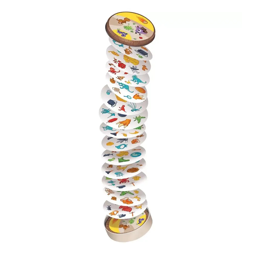 Spot It! Dinosaurs cards feature colorful dinosaur-themed symbols on round white cards, shown in an exploded stack between the illustrated storage tin lid and base on white.