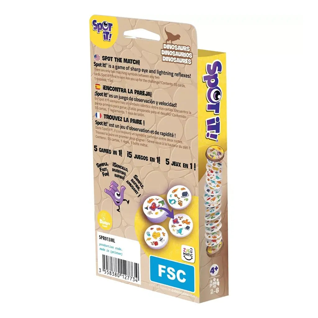 Spot It! Dinosaurs card game package back features tan and yellow cardboard with multilingual play instructions, round symbol card examples, barcode, FSC mark, and side logo.