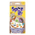 Spot It! Dinosaurs card game package features yellow and tan cardboard, a rectangular hanging box with cartoon dinosaurs, symbol cards, purple logo, and matching-game prompt.