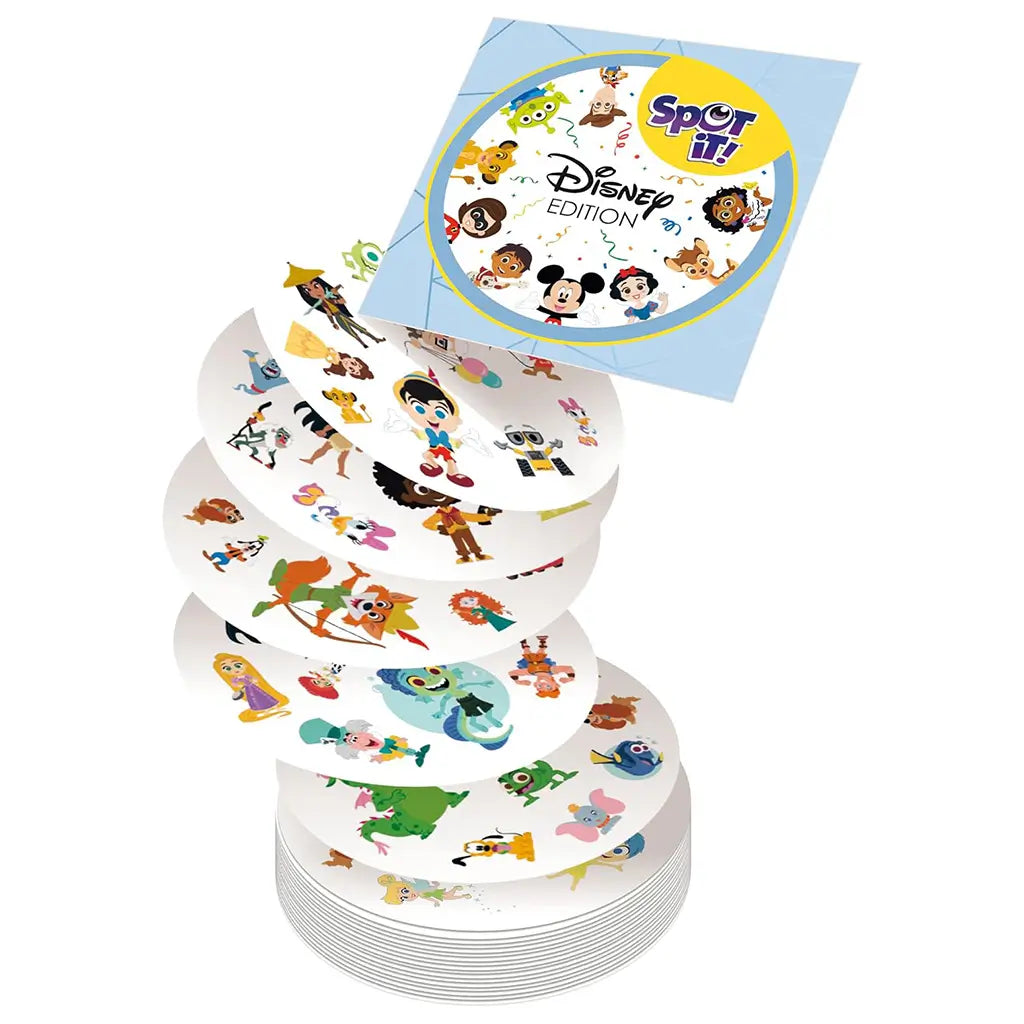 Spot It! Disney Edition card game features white round cards with colorful Disney character symbols arranged in an exploded stack beneath a light blue illustrated cover on white.