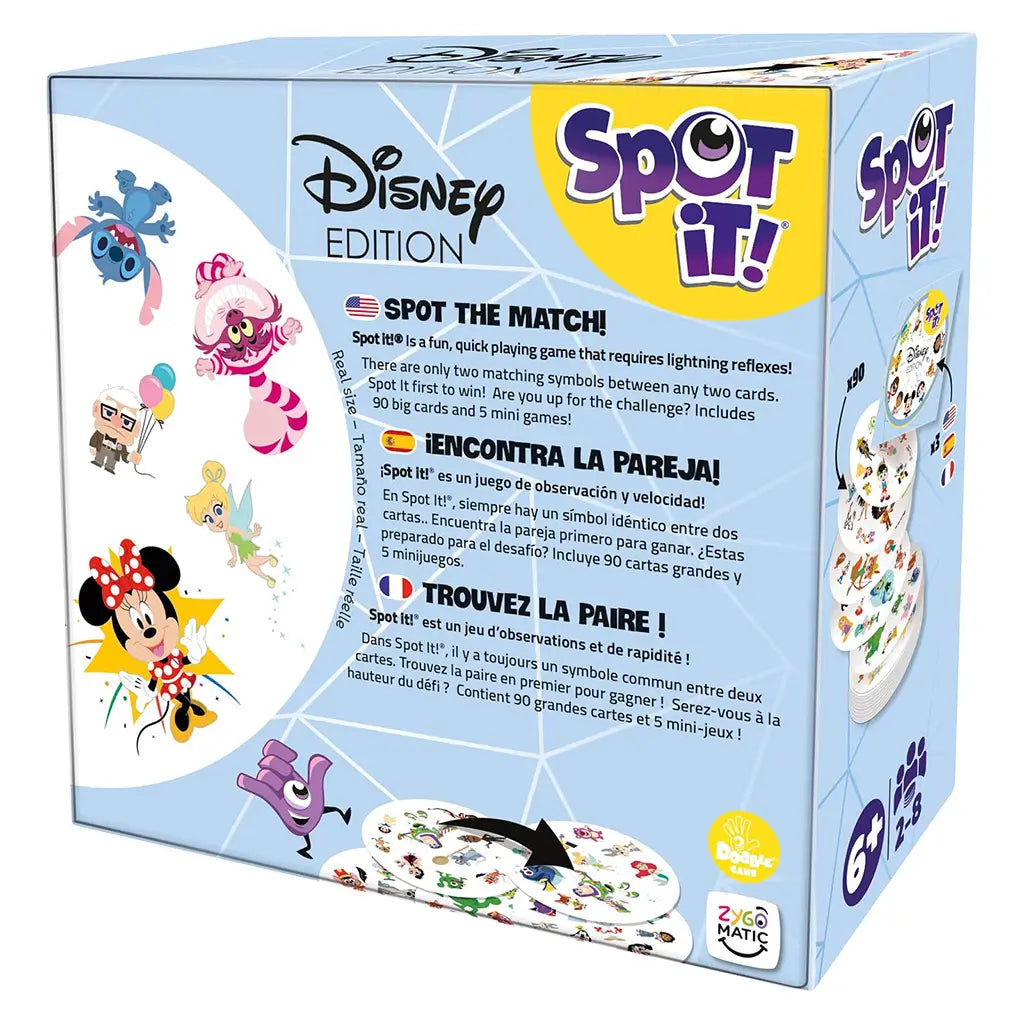 Spot It! Disney Edition card game package back features light blue cardboard with multilingual game instructions, Disney character artwork, round symbol cards, and Spot It! logo.