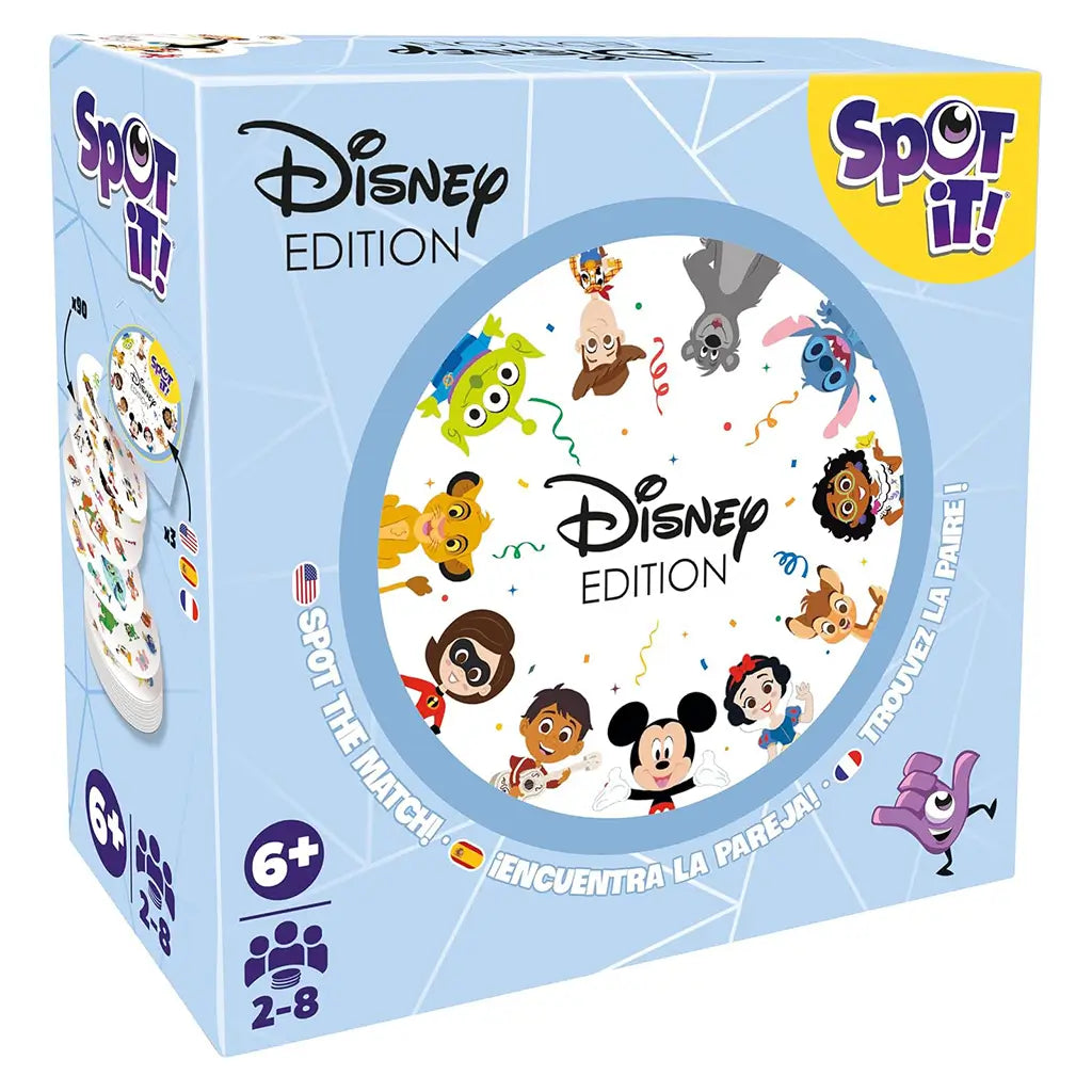 Spot It! Disney Edition card game package features light blue cardboard with a round Disney character collage, purple Spot It! logo, age 6+ mark, and 2–8 player icon.