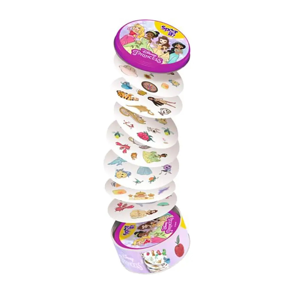 Spot It! Disney Princess card game features white round cards with colorful princess-themed symbols stacked between a pink metal tin lid and base, displayed vertically on white.