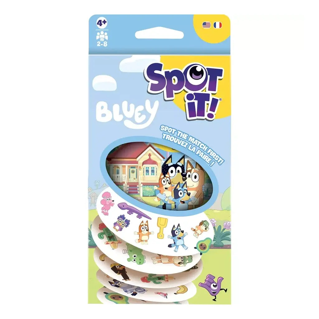 Spot It! Bluey card game package front features light blue cardboard with purple logo, Bluey family artwork, stacked round symbol cards, age 4+ label, and green scenery.