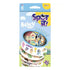 Spot It! Bluey card game package front features light blue cardboard with purple logo, Bluey family artwork, stacked round symbol cards, age 4+ label, and green scenery.