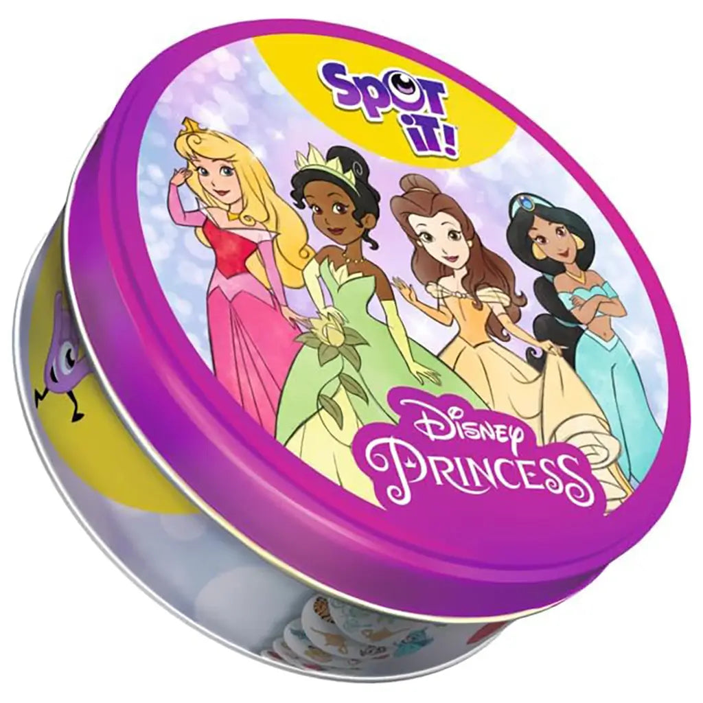 Spot It! Disney Princess storage tin features a glossy pink metal round case with Aurora, Tiana, Belle, and Jasmine artwork, purple Spot It! logo, and Disney Princess branding.
