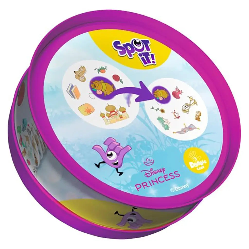 Spot It! Disney Princess game tin underside features a pink metal round case with pale blue artwork, two illustrated symbol cards, matching arrow, purple mascot, and Disney branding.