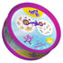 Spot It! Disney Princess game tin underside features a pink metal round case with pale blue artwork, two illustrated symbol cards, matching arrow, purple mascot, and Disney branding.