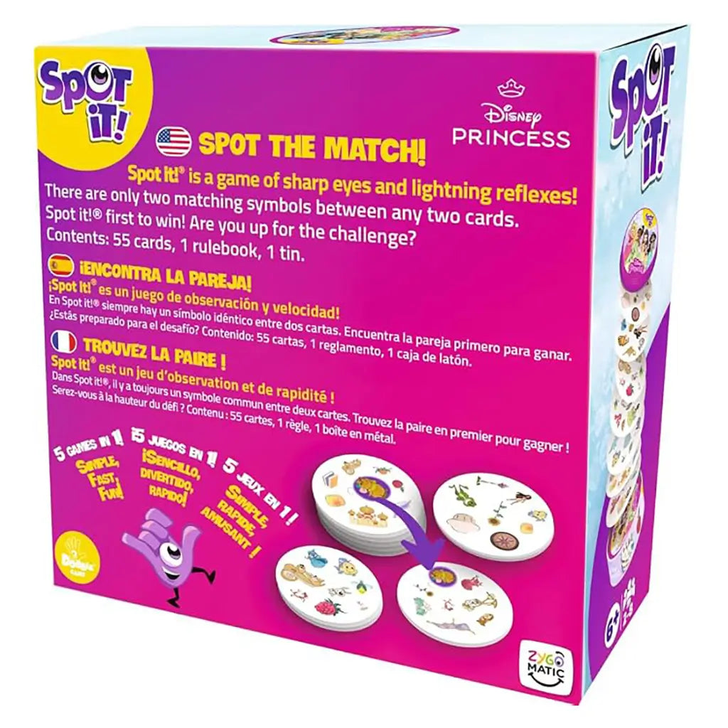 Spot It! Disney Princess card game package back features magenta and light blue cardboard with multilingual matching-game instructions, symbol card examples, logos, and tin artwork.