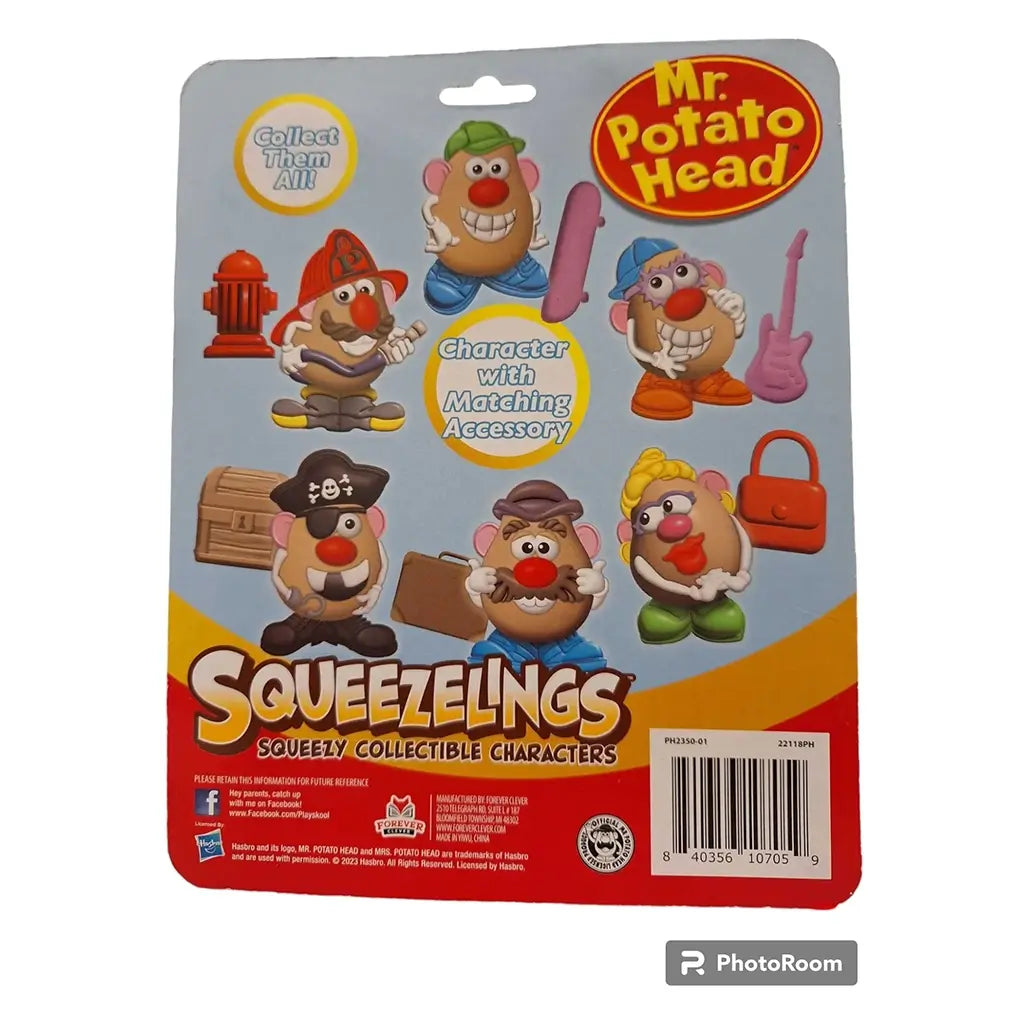Mr. Potato Head Squeezelings toy package back showing five colorful collectible potato characters with matching accessories like guitar, purse, and skateboard, displayed on a blue background.