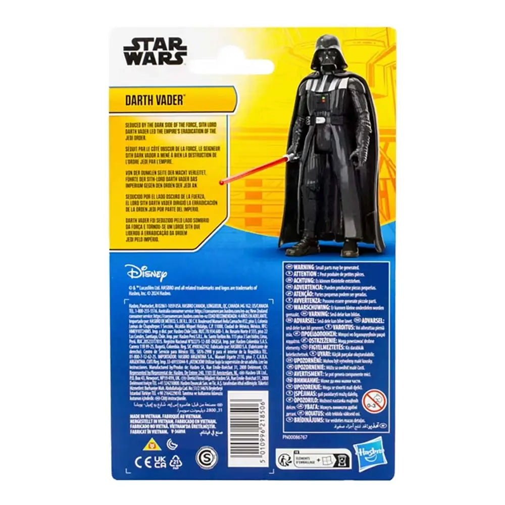 Back of Darth Vader package shows figure image, bold yellow character bio panel, Disney branding and multilingual safety warnings on a blue lower section for clear retail presentation.