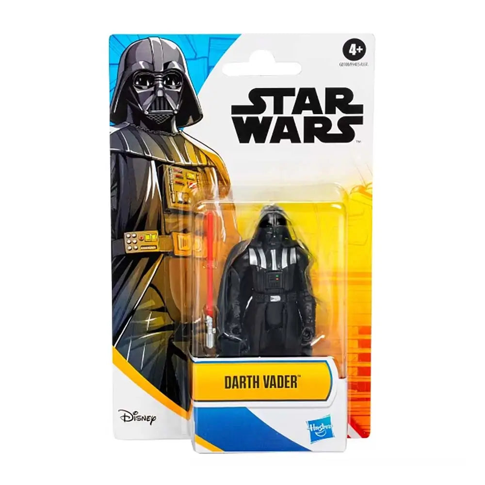 Front blister card displays Darth Vader action figure with red lightsaber beside bold character art and STAR WARS logo on a white, yellow and blue package layout designed for shelf visibility.