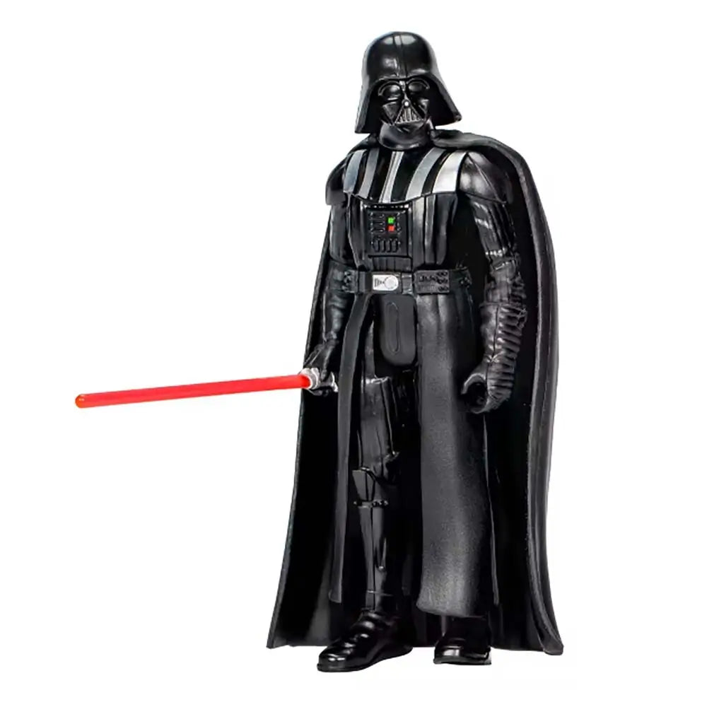 Star Wars Darth Vader action figure in glossy black armor with a flowing cape and red lightsaber, featuring sculpted chest controls, ribbed gloves and helmet details on a clean white background.