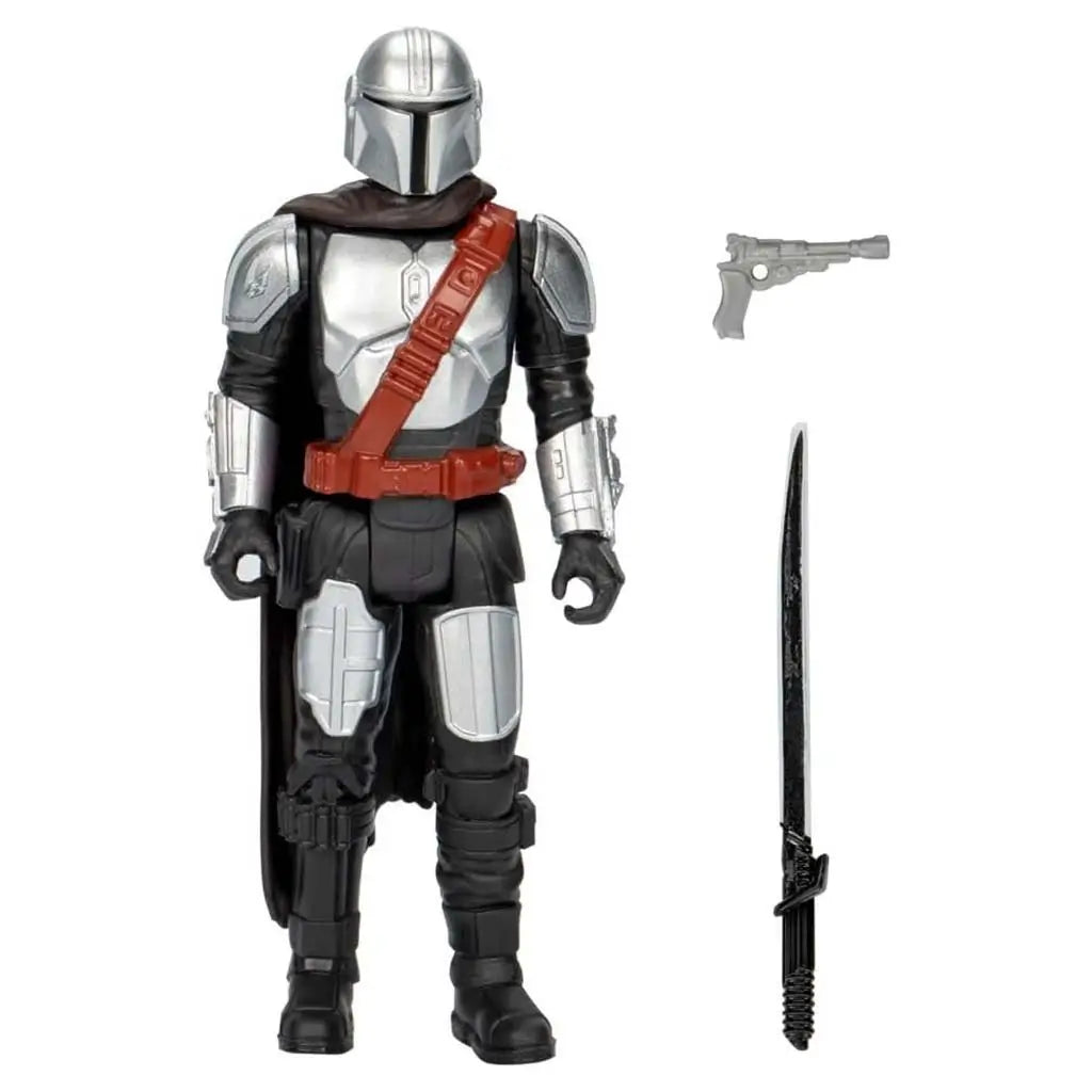Mandalorian figure shown with included blaster and darksaber accessories against a white background, highlighting silver armor panels, brown strap and black cape for clear product visibility.