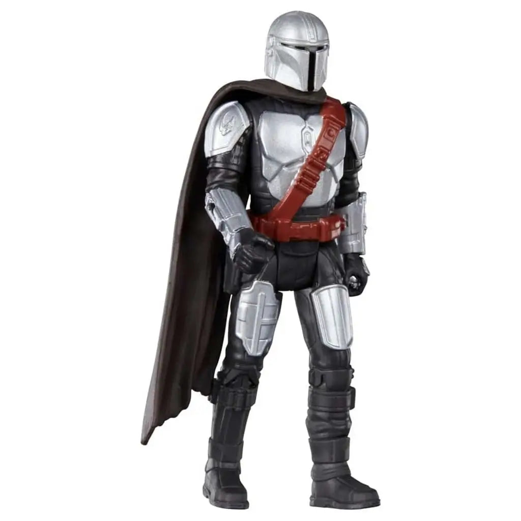 Star Wars Mandalorian action figure features silver Beskar armor, brown cape and red bandolier over a black suit, posed on a white background emphasizing sculpted plates and tactical detailing.