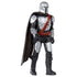Star Wars Mandalorian action figure features silver Beskar armor, brown cape and red bandolier over a black suit, posed on a white background emphasizing sculpted plates and tactical detailing.