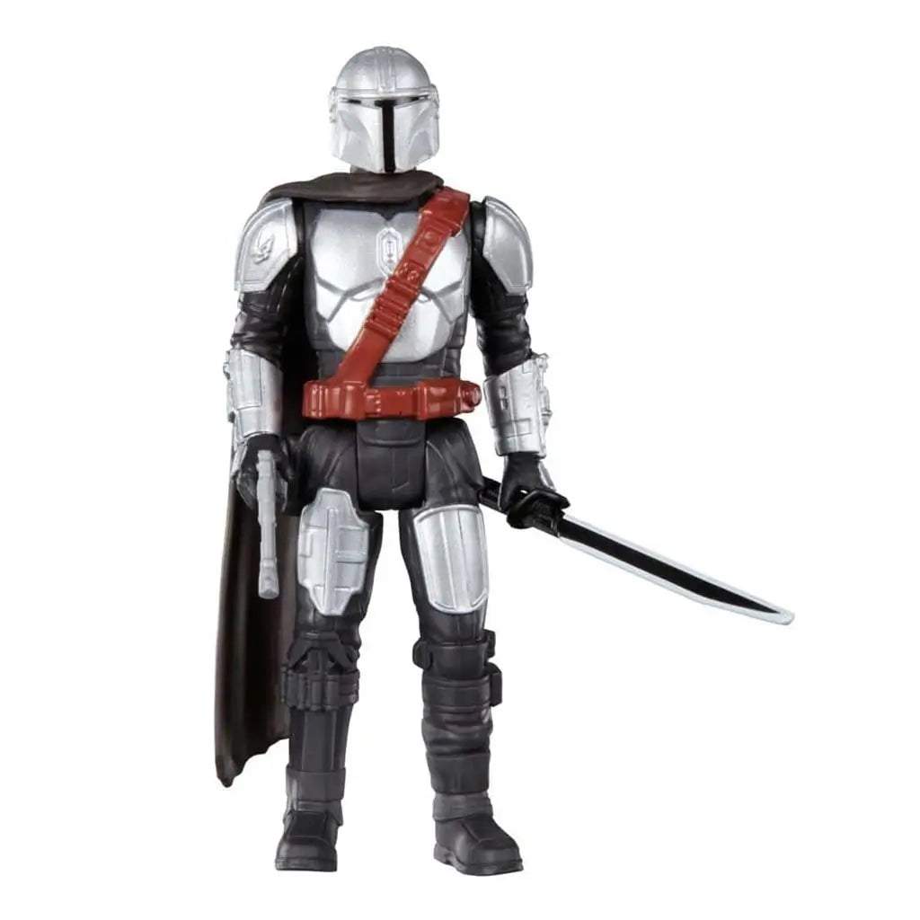 Front-facing Mandalorian figure displays silver armor, brown bandolier, black cape and blaster holster on a white backdrop emphasizing molded textures and compact 4-inch scale design.