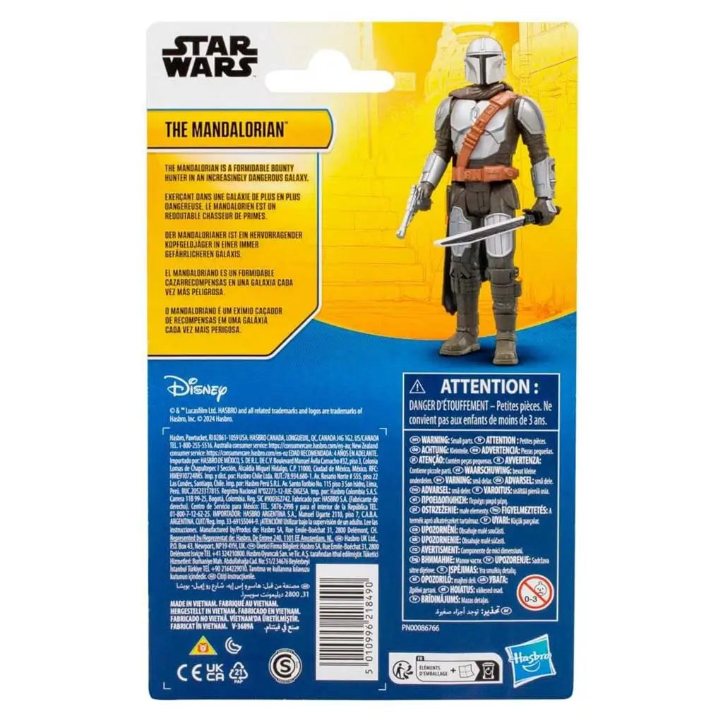 Back of Mandalorian package displays product image, multilingual bio text and safety warnings printed on a blue and yellow card backing for retail presentation.
