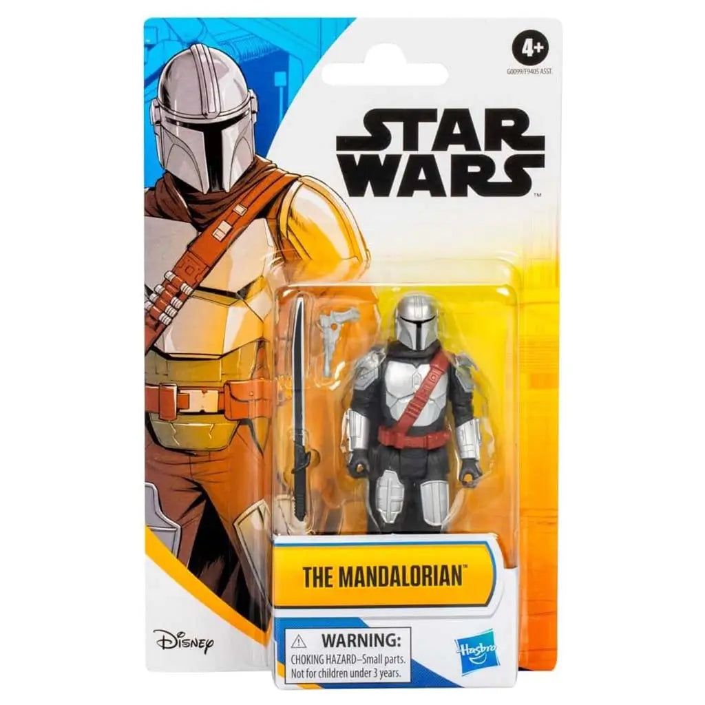 Mandalorian figure in clear blister packaging with illustrated yellow background and character art, showing included blaster and darksaber as part of the Epic Hero Series line.