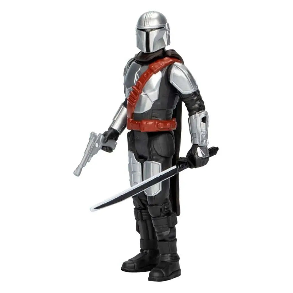 Mandalorian action figure stands with blaster pistol and darksaber accessory, showing silver armor, brown strap and black cape on a clean white background highlighting play-focused articulation.