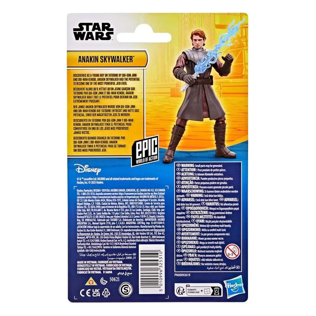 Star Wars Anakin Skywalker package back displays figure details, multilingual bio text, safety warnings and a product image set on a yellow and blue printed card backing for retail presentation.