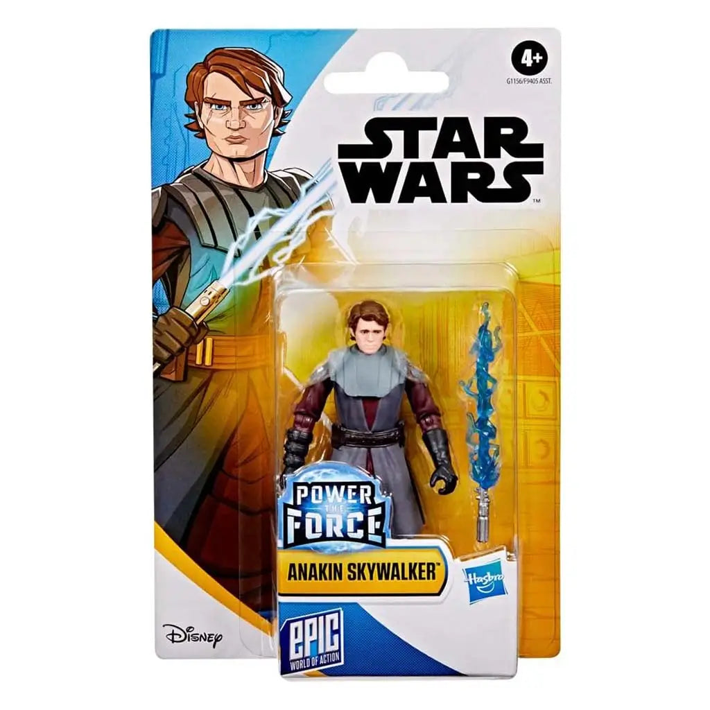 Star Wars Anakin Skywalker figure in clear blister packaging includes blue energy blade accessory, set against a yellow illustrated card with character art highlighting the Epic World of Action line.