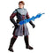 Star Wars action figure shows plastic Anakin Skywalker in gray and maroon armor holding a translucent blue energy blade, with sculpted folds, gloves and boots visible against a plain white background.