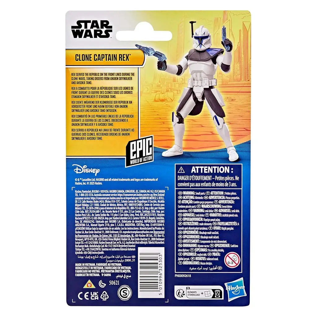 Star Wars Clone Captain Rex cardback featuring a yellow-to-blue gradient design, multilingual character bio text, safety warnings, and a printed image of the armored figure posed on the right side.