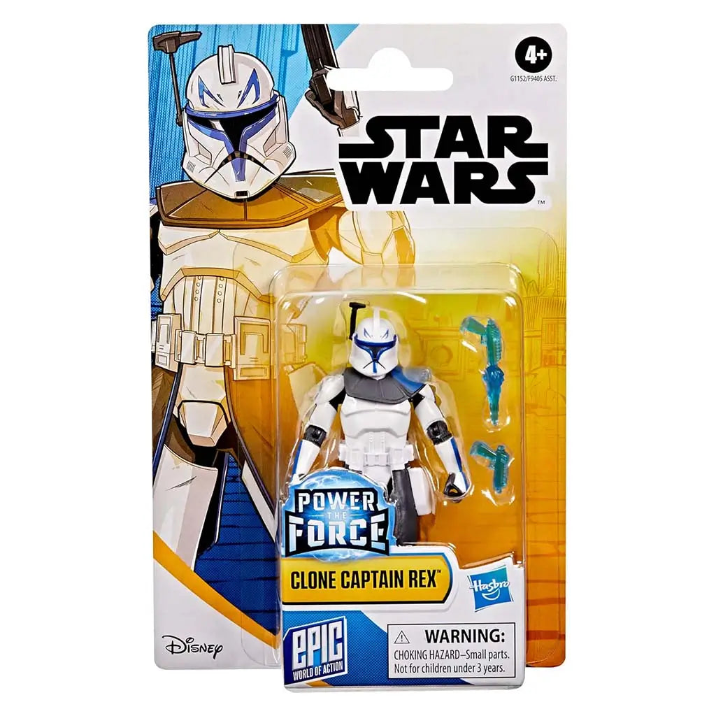 Star Wars Clone Captain Rex blister-pack toy displayed in a clear plastic shell over a bright yellow-and-blue illustrated backing card, with two translucent blue accessories arranged neatly on the right.