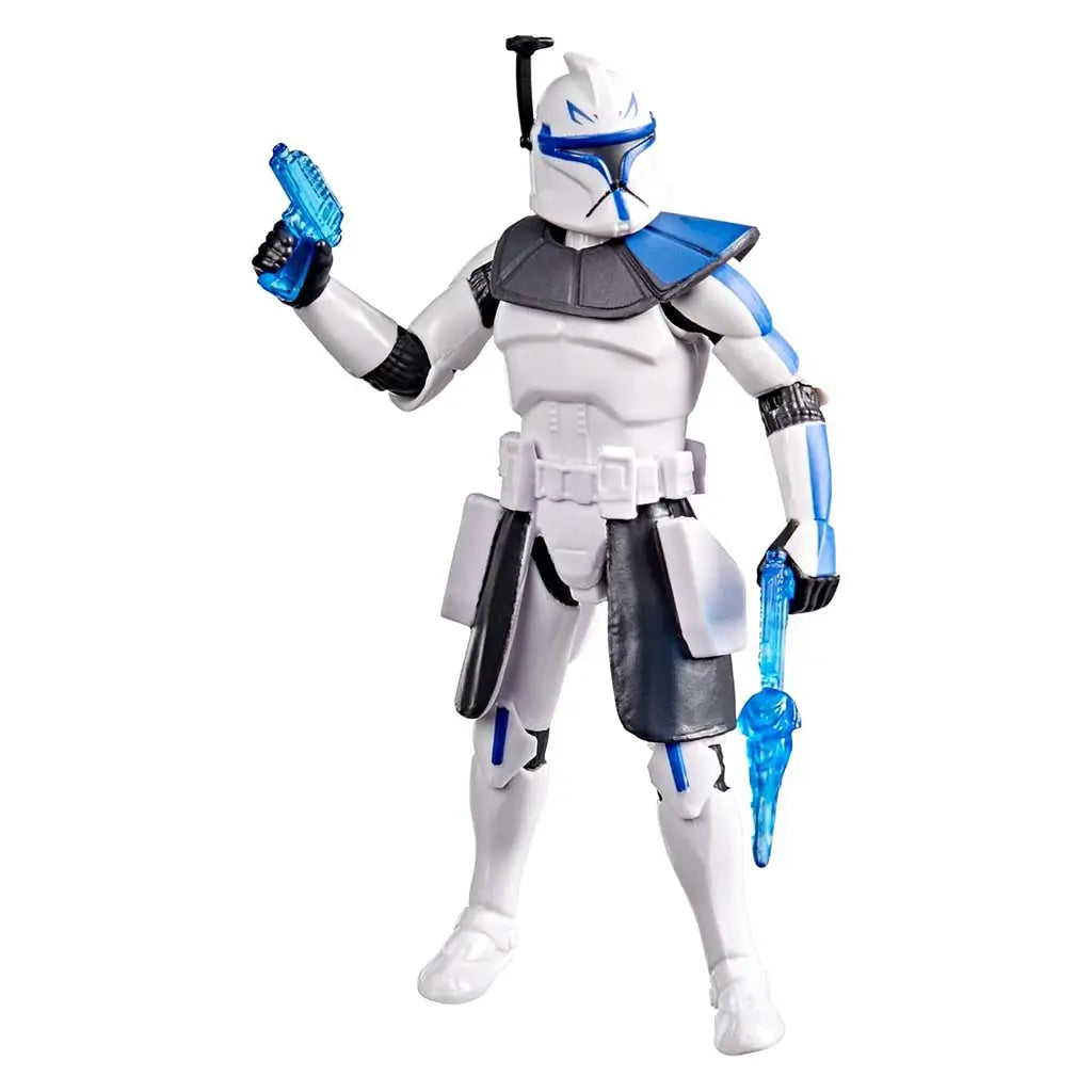 Star Wars Clone Captain Rex action figure in white plastic armor with blue accents and smooth molded plating, posed holding translucent blue blasters while standing against a plain white background.