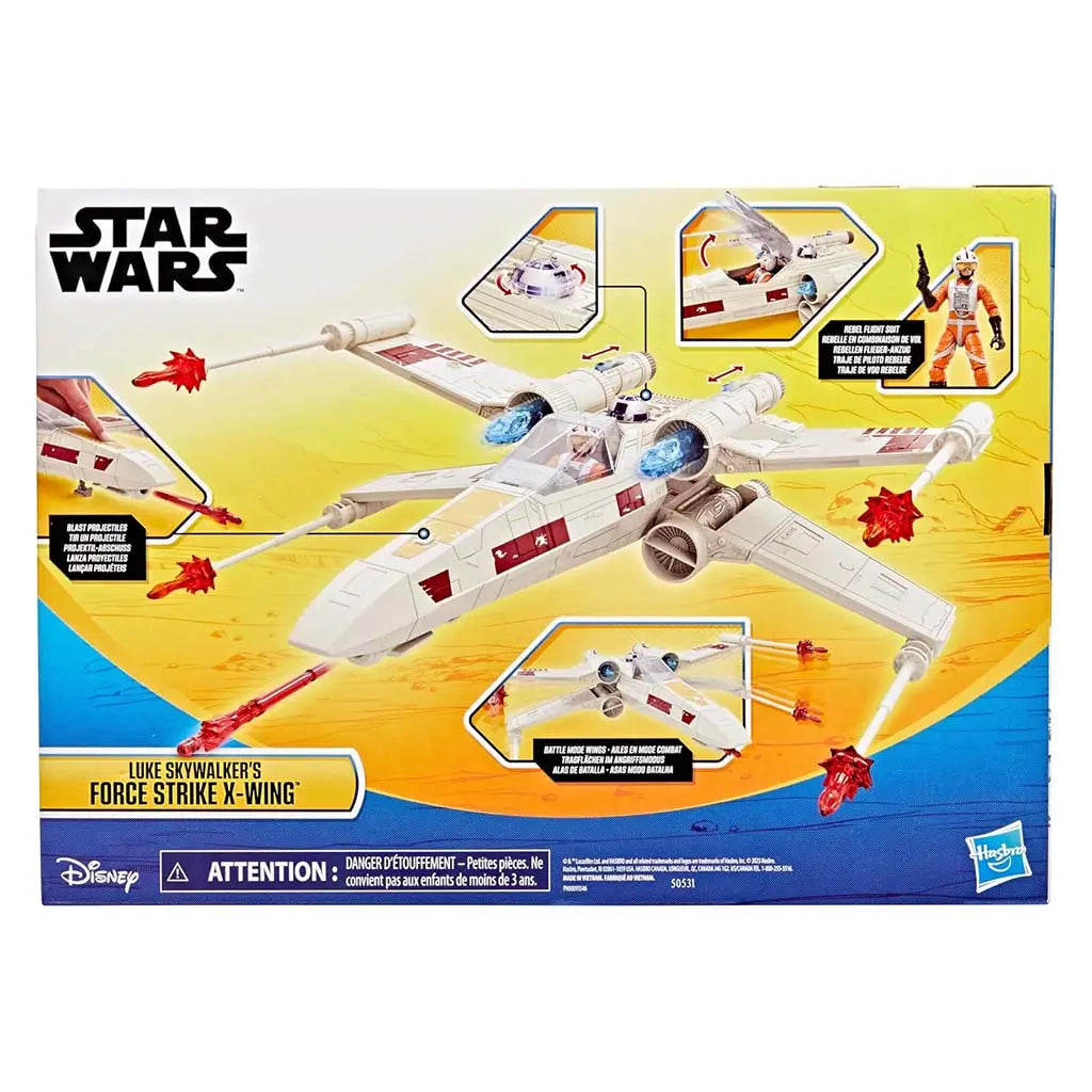 Star Wars Force Strike X-Wing package back displaying toy features, battle-mode wing action, firing projectiles and Luke Skywalker pilot figure on a bright yellow-and-blue illustrated backdrop.