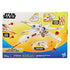 Star Wars Force Strike X-Wing package back displaying toy features, battle-mode wing action, firing projectiles and Luke Skywalker pilot figure on a bright yellow-and-blue illustrated backdrop.