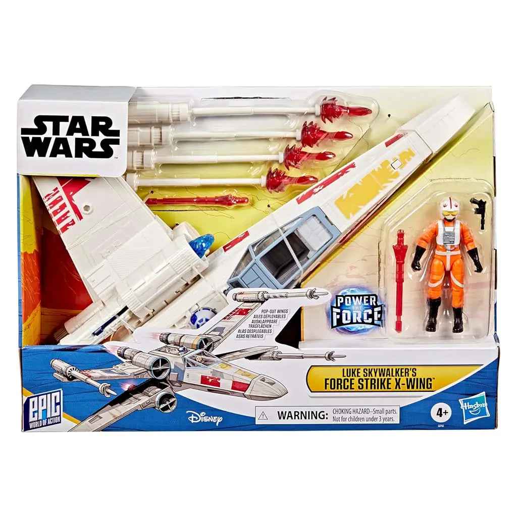 Star Wars Force Strike X-Wing packaged set with white starfighter, red projectiles and Luke Skywalker figure visible through clear window box featuring blue-and-yellow Star Wars branding.