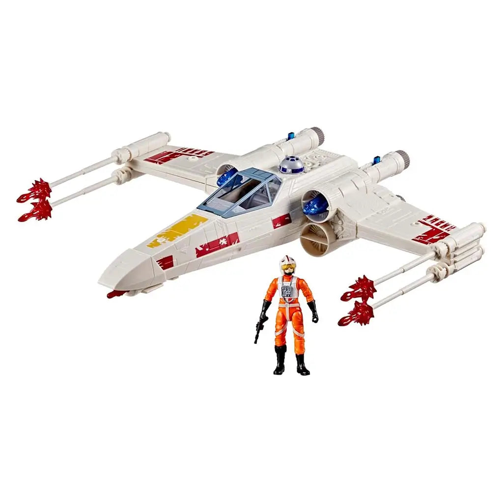 Star Wars Force Strike X-Wing toy set featuring white plastic starfighter with red and yellow decals, translucent blue engine parts, and included Luke Skywalker pilot figure displayed on a clean white background.