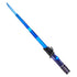 Star Wars Lightsaber Forge toy lightsaber with bright blue translucent blade, textured plastic segments, and black hilt components, shown extended in a clean white studio background for product display.