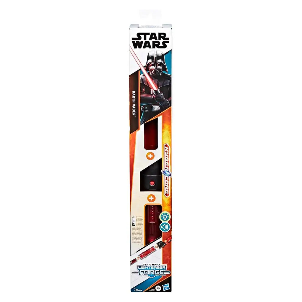 Tall rectangular Star Wars Lightsaber Forge Darth Vader retail package with character artwork, visible red blade piece, hilt components, and product icons displayed upright on a white background.