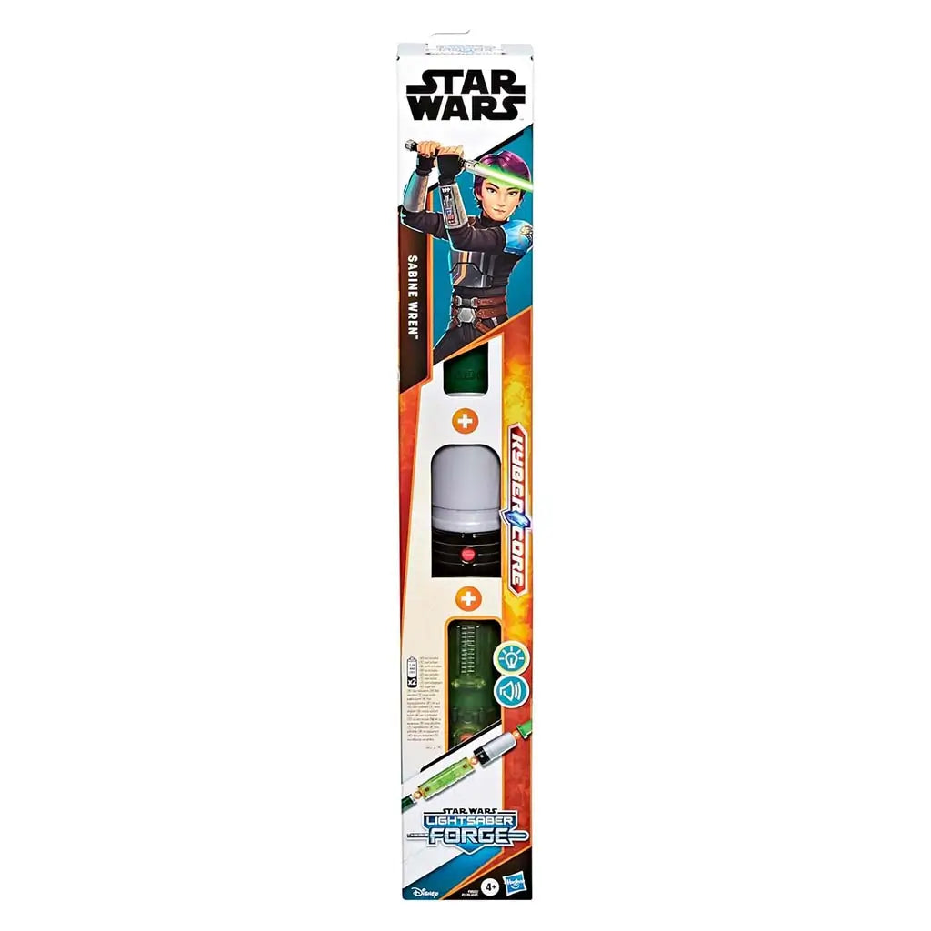 Tall Star Wars Lightsaber Forge Sabine Wren retail package with character artwork, visible white emitter, green hilt section, and product icons, displayed upright against a clean white background.